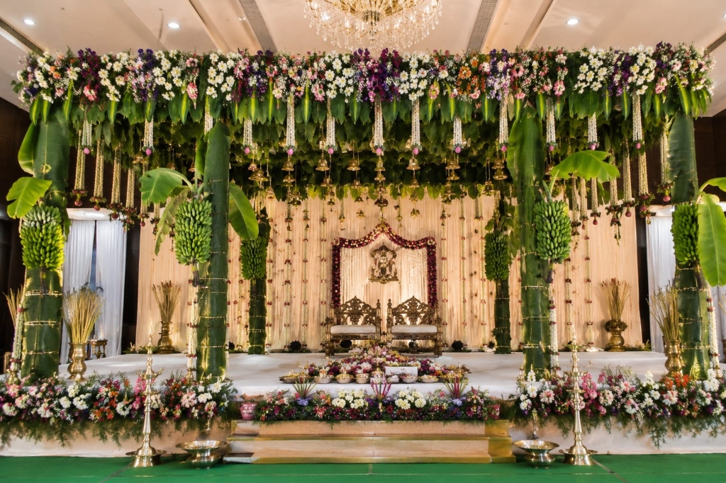 Eco-Heritage Telugu Wedding Mandap with Fresh Banana Leaf Roof Canopy, Temple Bells & Wooden Thrones