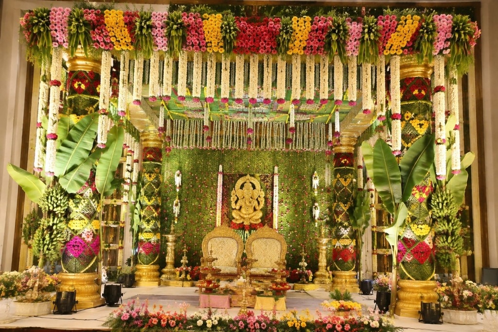 Imperial Traditional South Indian Mandap with Live Banana Trees, Golden Ganesha Sanctum & Rose Dwaram